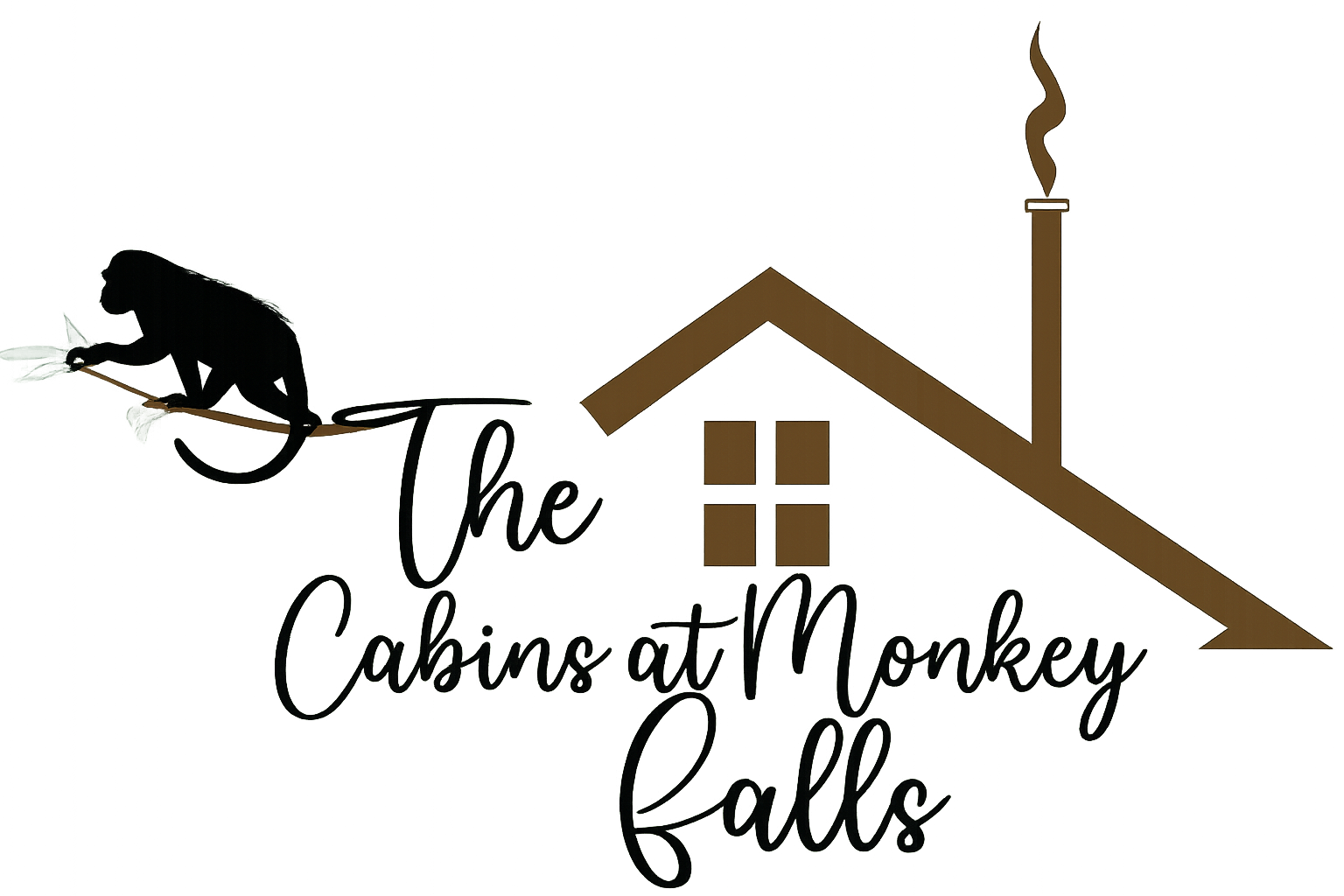 The Cabins at Monkey Falls logo with monkey silhouette and cabin roof design.