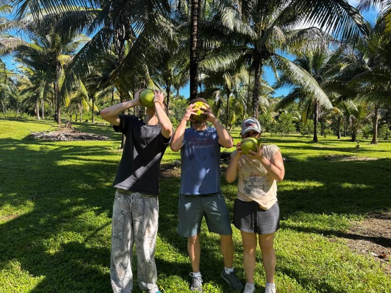 Guests picking coconuts during a nature stay in Belize